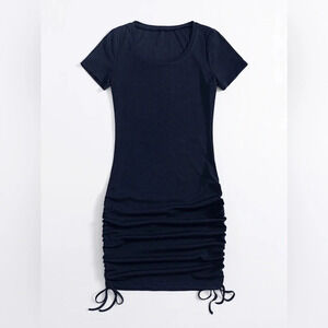 Shein Women’s Navy Blue Drawstring Ruched Side Scoop Neck  Dress - Medium
